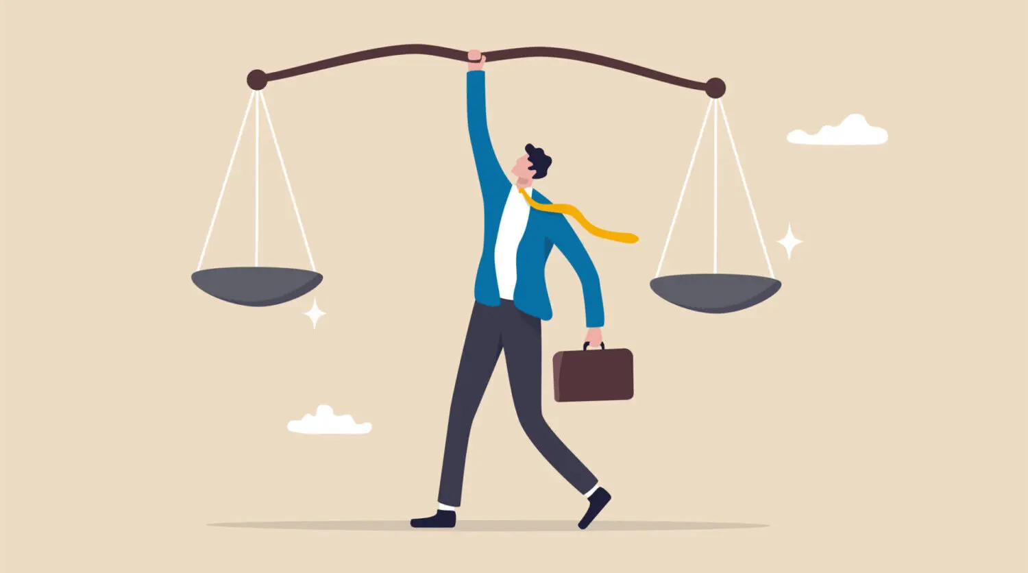 Illustration of a man in a suit holding a large scale and a briefcase against a tan background to indicate value