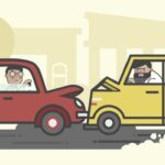 Illustration of a red car and a yellow car running into each other, causing damage to their hoods