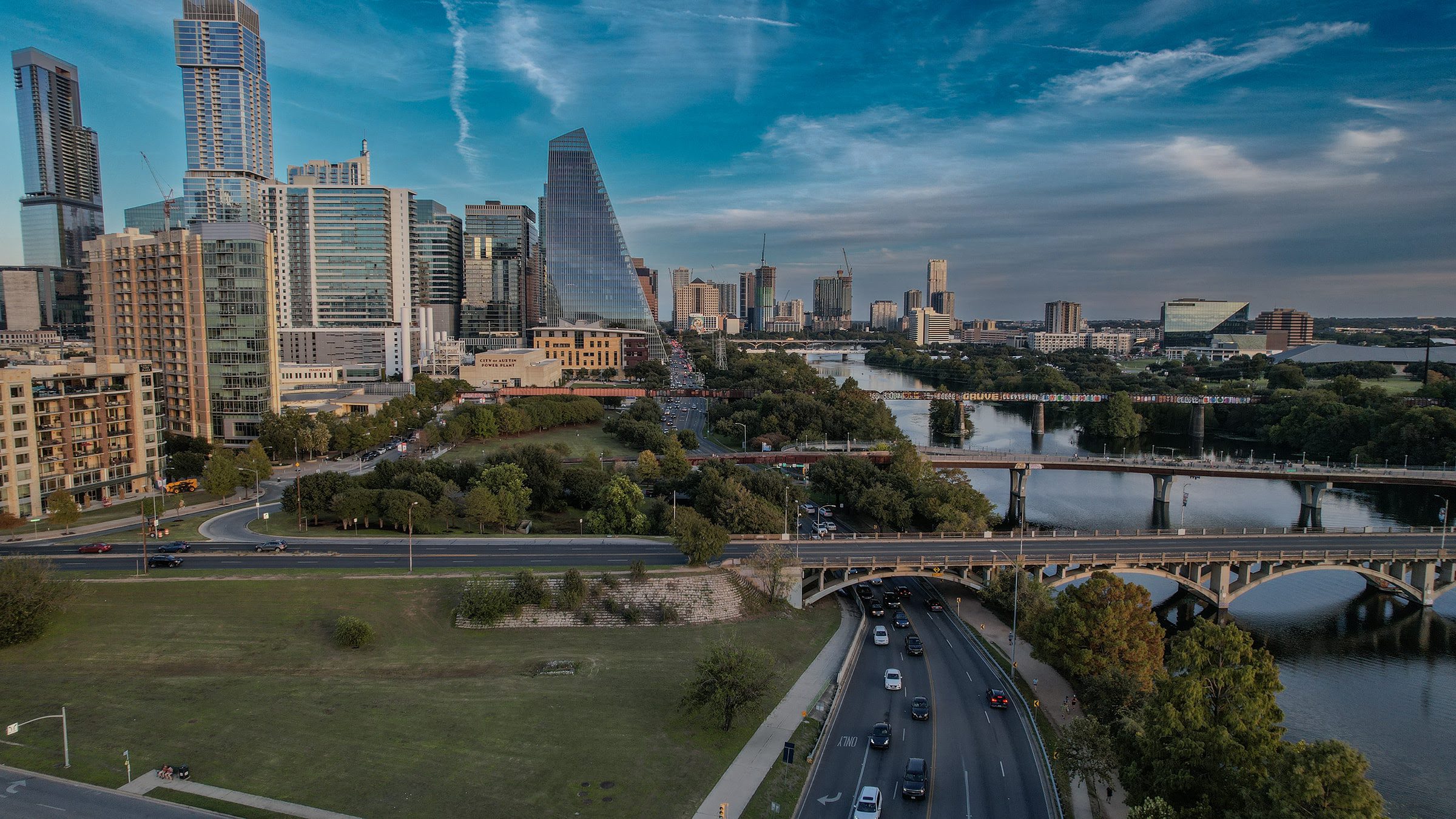 Aerial view of downtown Austin, Texas over Lady Bird Lake